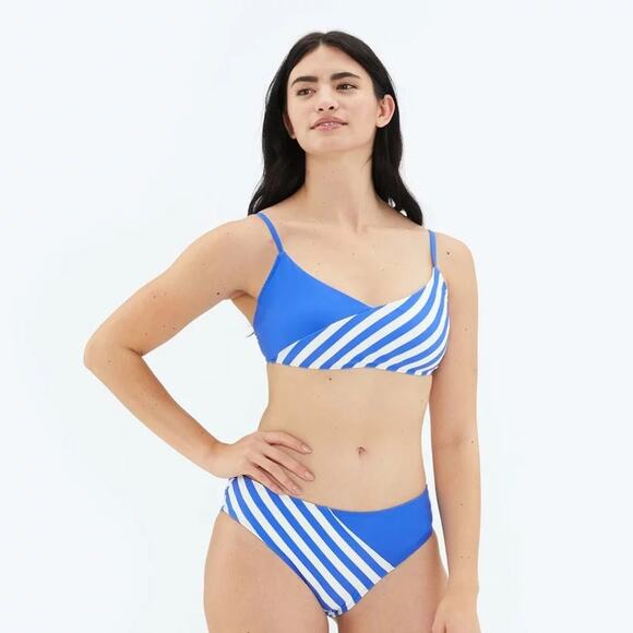 Summersalt 2pc Marina Bikini Blue & White Top W/ Diagonal Mid Rise Bottoms Sz 6 - Picture 1 of 10